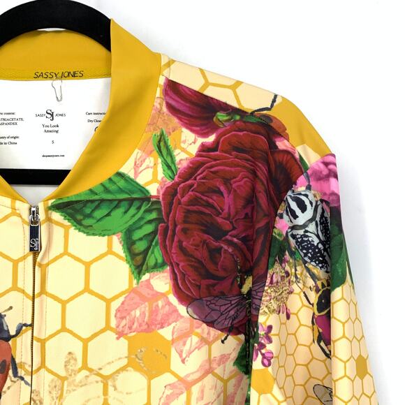 Sassy Jones Bomber Jacket Womens Size Small Yellow Honeycomb Floral Insect Print - Picture 4 of 7